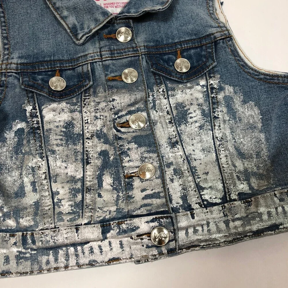 Justice Tween Girl's Silver Glitter Paint Accent Denim Moto Jean Vest Size 6/7